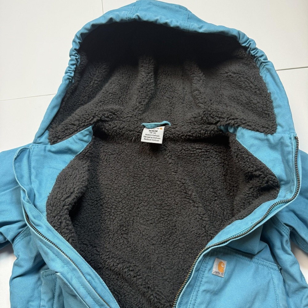 Carhartt Jacket Boys Medium 10-12 Blue Hooded Canvas Fleece Lined Workwear - Picture 4 of 7